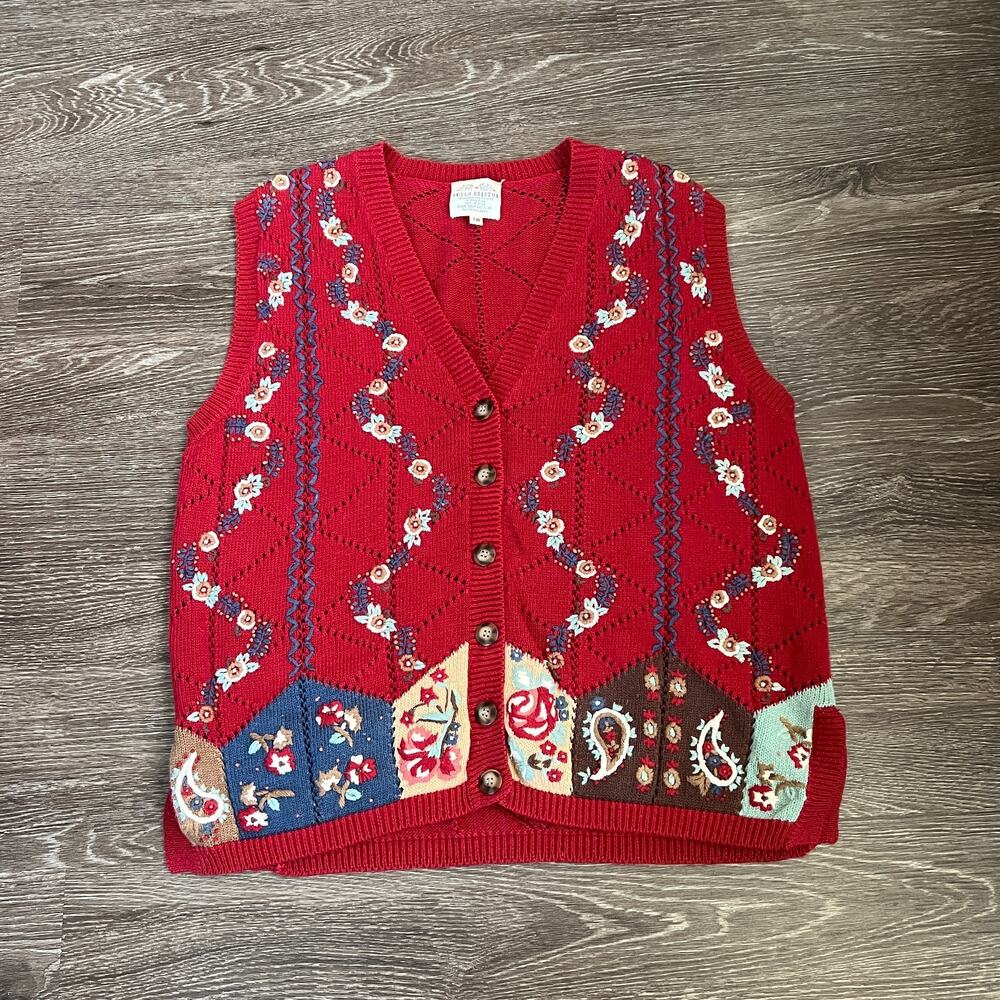 Vintage Susan Bristol 1995 Floral Hand Embroidered Sweater Vest Size 1W